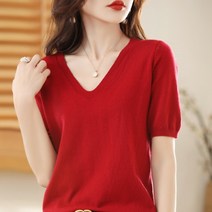 데이소이 여성용 세미 퍼프 V넥 반팔 니트