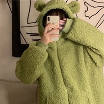 여자 중학생 흰색 곰돌이 양털 뽀글이 후드 집업 고등학생 여중생 루즈핏 후리스 그린 크림