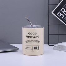 얼음 빨대 셀럽 아름다움 식커피 컵맞춤제작 녹강 보온보냉병, T04-밀크색 goodmorning, C01-300mL