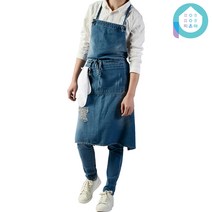 POH 러프 워싱 데미지 데님 청 앞치마 바리스타 미술학원 카페 남자 남성 공용, (Free)인디고블루데님