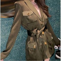 (카키그린 블랙)금장단추 슬림핏 우아한 허리벨트 빅버튼 브이넥 앞단추 가디건 원피스 정장 캐주얼 긴팔소매 단추가 럭셔리한 발 포켓 미니원피스 드레스 큰옷작은옷 소녀시대 서현 스타일