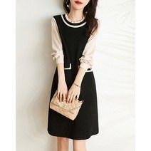 자이마이 여성 정장 하객 원피스 미디 배색 프릴 라운드넥 긴팔원피스