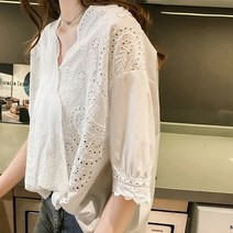펀칭블라우스 아일렛 자수 레이스 여자 벌룬 브라우스 예쁜 빅사이즈 반팔 셔링 쉬폰 빅카라 셔츠