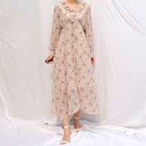 다나나나 러플 U넥 엠파이어 하이웨이스트 플라워 버튼 플레어 쉬폰 롱 원피스