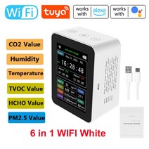 공기질측정기 휴대용 이산화탄소검출기 Tuya-WiFi 지능형 공기질 감지기 PM2.5 CO2 TVOC HCHO 온도 습도 AQ, 03 6 in 1 WIFI White