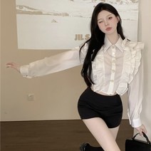 라미 카라넥 이중 프릴 공주풍 버튼 숏 얇은 긴팔 블라우스 셔츠