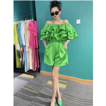 트레이닝 포켓 여성 나시탑 하프 데일리룩 여름 와이드 여성반팔 랩점프수트 반바지 프릴 점프수트