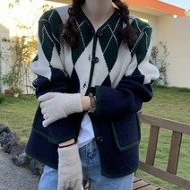 [랜덤플레이] 아가일 빅 포켓 배색 쓰리 컬러 가디건