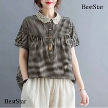 BestStar 미시 깅엄 고방 체크 펀칭 레이스 자수 둥근카라 A라인 블라우스 30대