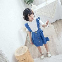 루루키즈 루루키즈 여아 왕단추 멜빵 플레어 스커트&언발 셔링셔츠 세트 (P000639855)