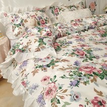 순수 면 4피스 침대 이불 세트 화사한 플라워 프린트 공주 스타일 스티칭 레이스 여학생 싱글 더블 침구