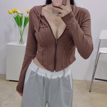 둥근 슬림 두줄 엘로즈 크롭 후드집업 3색