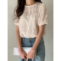 라운드 반팔 프릴 깃털 블라우스