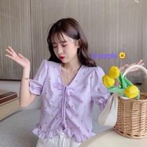 여름신상 뽀송뽀송 브이라인 블라우스 여성디테일 스트링끈 반팔상의 화이트 S근 이하