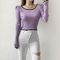 씨앤힙 템포 여리여리한 골지 니트 배색 퍼프 티셔츠 4color