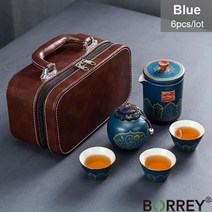 BORREY 세라믹 주전자 컵 세트 차 캐디 휴대용 야외 여행 다도 쿵푸 선물 상자 Teaware, [01] Blue with bag