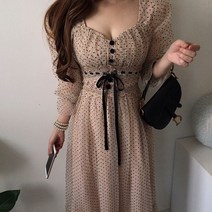 스퀘어넥 도트 원피스 하이웨이스트 허리 슬림 프릴 쉬폰 봄 하객룩 데이트룩