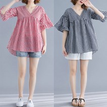 홍공장 데일리 브이넥 여성 체크 반팔 블라우스