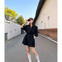 한나 여성 린넨 마 반바지 반팔 카라 스트링 점프수트