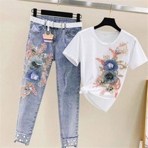 스트레이트데님 드레스코드 여성 데님 바지 원피스세트 구슬 자수 반팔 작은 피트 구멍 청바지 투피스 여름