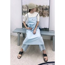 미니 스마일 페이스 패치 자수 슬리브리스 어깨 끈 양면 앞뒤 착용 반반 데님 연청 진청 뷔스티에 민소매 나시 롱 원피스 / 마이비클로젯