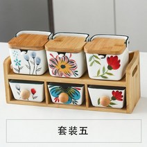 우드 정리대 도자기 소스통 조미료통 양념통 세트 일본식 손으로 그린 조미료 조합 주방 가정용 세라믹 소금 글루타민산 나트륨 상자 소스 식초 냄비 오일 병 캔, 믹스 컬러 플라워 플랩 6점 세트