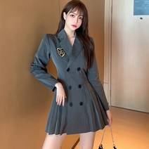 정장원피스 가을옷 허리보정 슬림핏 브이넥 겹 버튼 플리츠 블랙 A라인 짧은 3746012179, 그레이 XL