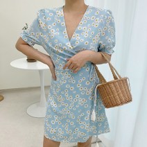 미니 랩 플라워 원피스 블루 데이지 썸머룩 바캉스룩 허니문룩 보라카이 괌