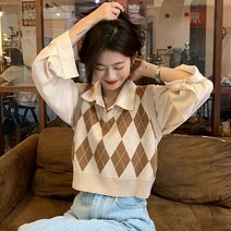 Lucyever-레트로 아가일 패턴 여성 조끼 스웨터 하라주쿠 프레피 스타일 민소매 스웨터 소녀 가을 v넥 니트 크롭 탑