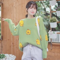 라운드넥긴팔니트 버카치 겨울 가을 애니메이션 꽃자수 스웨터 여성 와이드 루즈핏 이너 풀오버 후드 트렌드 2680475192