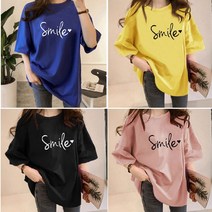 스마일 여자 여름 레터링 반팔 티 영문 글자 스판 티셔츠 편안한 오버 루즈 핏 캐주얼 블랙 검정 화이트 옐로우 그레이 단가라 무지 10대 20대 베이직 세련된 데일리 룩 여성