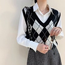 베러댓걸 깊은V넥 아가일체크 니트조끼