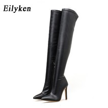 니하이부츠 삭스롱부츠 Eilyken-오버니 여성 부츠 스트레치 하이힐 슬립온 슈즈 뾰족한 발가락 롱 사이