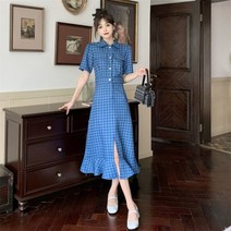 청원피스 원피스 데님 롱 봄 빈티지 Houndstooth 드레스 칼라 짧은 소매 인어 2023 새로운 프릴 여름 M-4XL