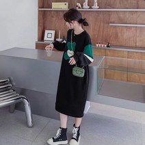 여성 빅사이즈 자수 배색 맨투맨 롱원피스 박스티 롱티 캐주얼 오버핏 보온 방한원피스