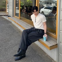 린넨 브이넥 반팔 머슬핏 니트