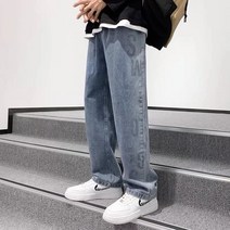 빈티지 자수 패치 청바지 남성용 루즈한 캐주얼 바지