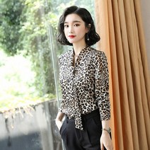 시폰 셔츠 긴팔 여성 호피무늬 리본 블라우스