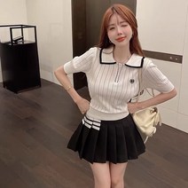 프렌치 부드러운 바람 자수 하트 니트 반팔 여 여름 감령 아이스 조거 반집업 골프 티셔츠