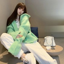 여자 형광색 니트 가디건 라임색 민트색 스웨터 앙고라 겉옷 녹색 두꺼운 니