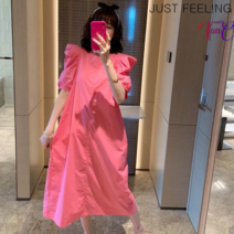 탕크 여름 심플 핑크 퍼프 소매 A라인 라우드넥 루즈핏 미디 원피스 여성의류