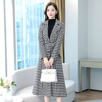 [하나비] 파아셔얼 하운드체크 여성 겨을 브이넥 넓은카라 벨트 기본 코트