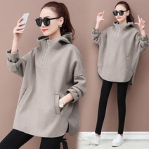 여성 빅사이즈 박시핏 캐주얼 모직 반 집업 후드티