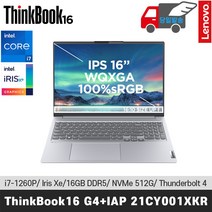 [레노버]ThinkBook 16 G4+ IAP 21CY001XKR i7-1260P/Iris Xe/WQXGA/100%sRGB/IPS/DDR5/썬더볼트4, Free DOS, 16GB, 512GB, 코어i7, 그레이