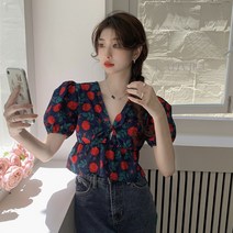 숏블라우스 프렌치 복 옛적 장미꽃 여성 여름 2022 나비 결 브이넥 벌룬소매 상의 4812868312