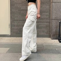 고급청바지 2021 빈티지 여성 패션 화이트 블루 높은 허리 캐주얼 청바지 느슨한 오마이티 와이드 레그 포켓 카고 바지 솔리드 오버 올 바지