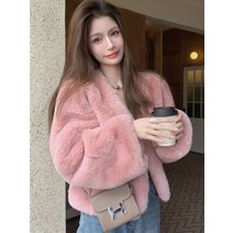 에코 퍼 자켓 여성 핑크 토끼 모피 푹신한 재킷 짧은 겨울 모피 코트