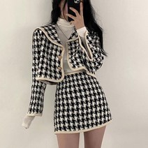 디아더컬러 체크 포인트 크롭 투피스 미니 하객