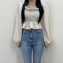 VANANA2 여성 러블리 프릴 데일리 스퀘어넥 체크 블라우스 3color
