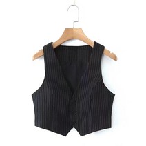 여성 봄가을 브이넥 스트라이프 패치 슬림핏 정장 조끼 가디건